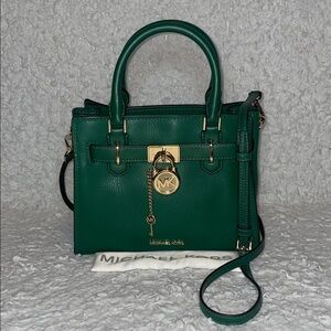 Michael Kors Hamilton Small Green Leather Satchel Shoulder Crossbody Bag Purse